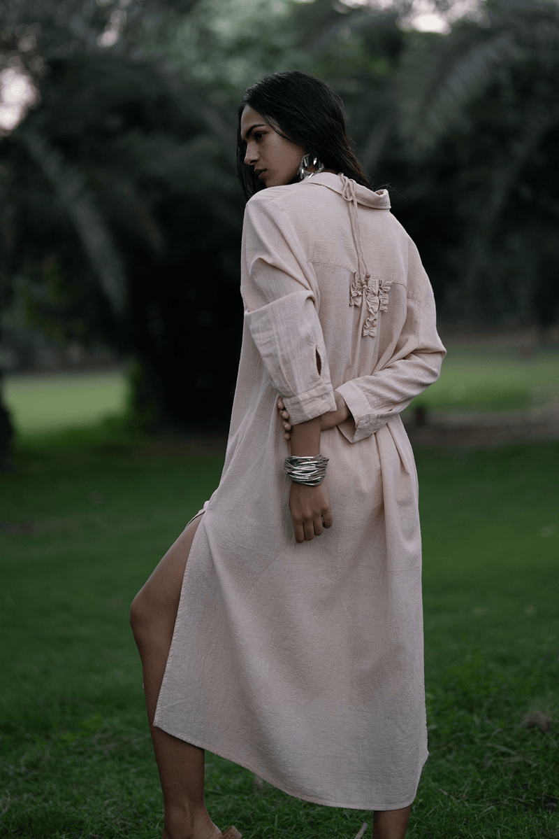 Beige Cotton Gauze Button-Down Midi Shirt Dress