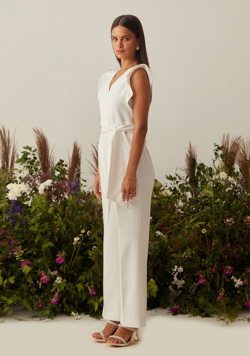 White Crepe V-Neck Wide-Leg Jumpsuit with Belt