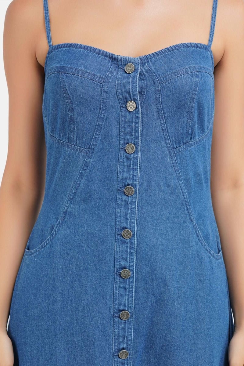 Blue Denim Button-Down A-Line Maxi Dress