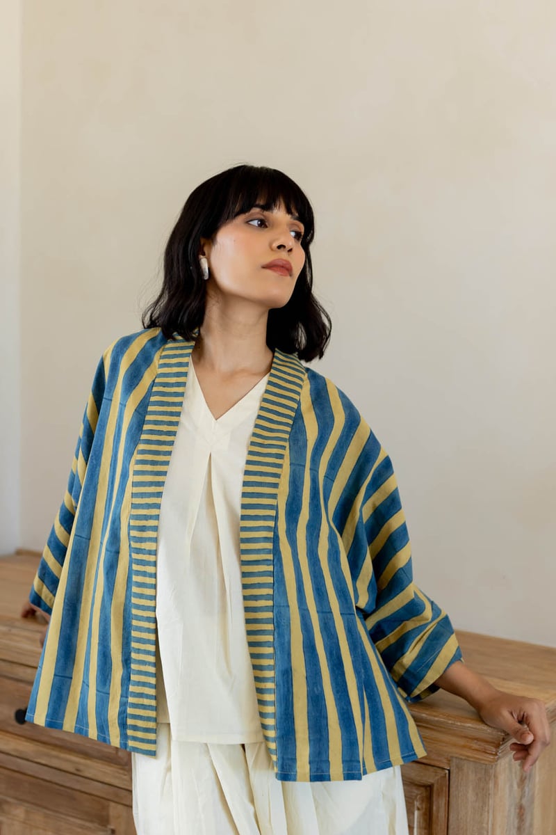 Mustard and Blue Striped Cotton Cape Shrug