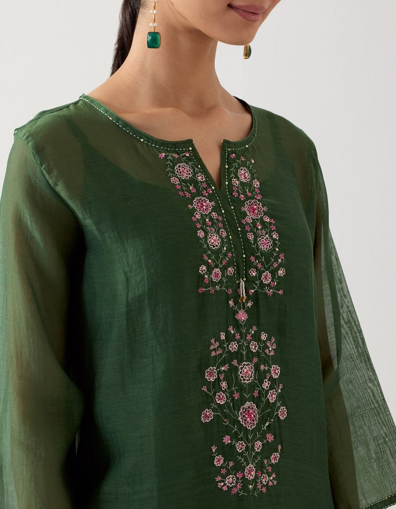 Bottle Green Embroidered Straight Kurta Set with Slip