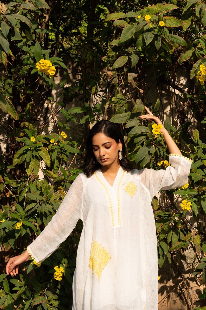 White and Yellow Linen Asymmetric Tunic Co-ord Set