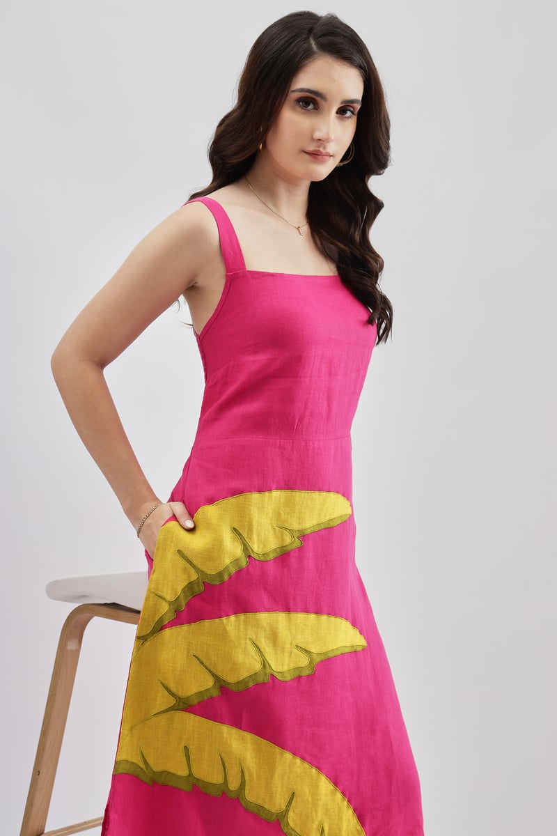 Fuschia Linen Square Neck A-Line Midi Dress