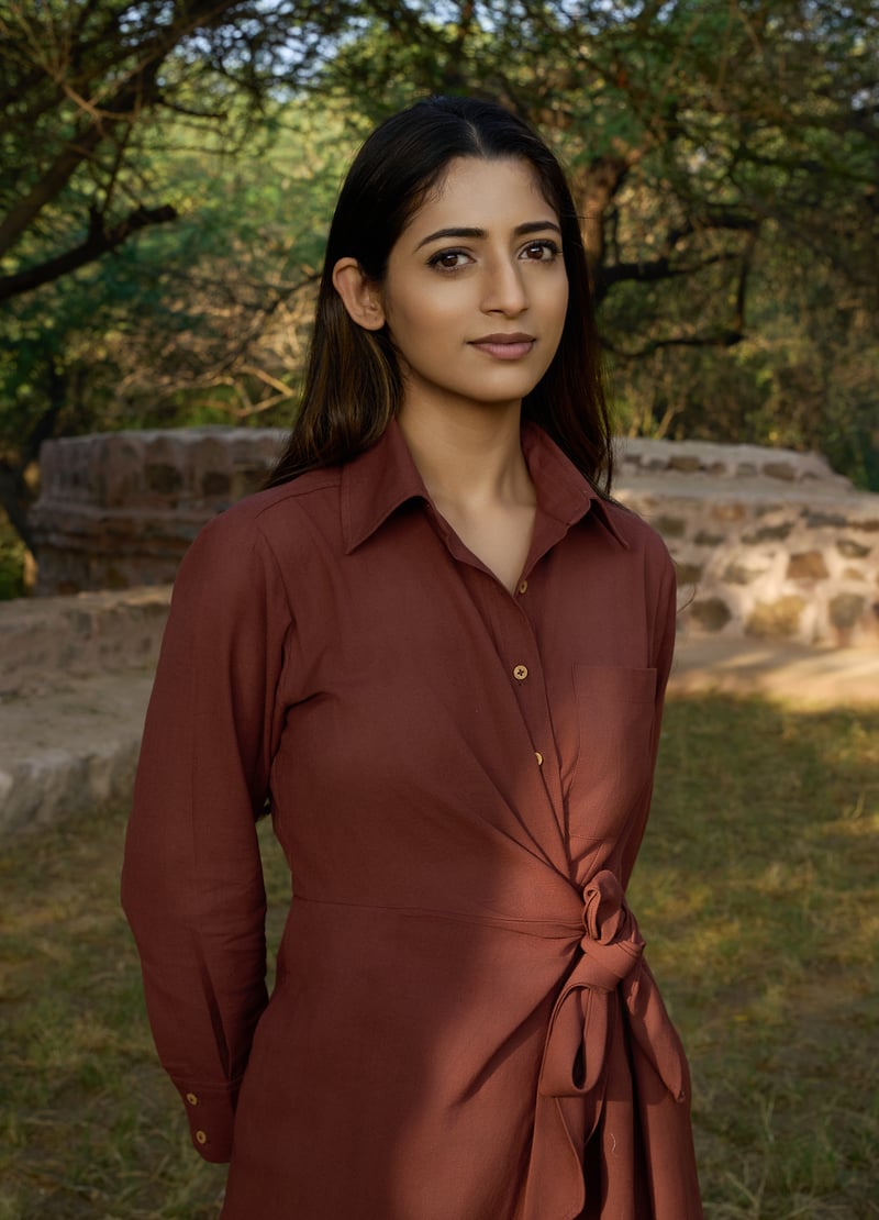 Brick Linen-Blend Tie-Front Midi Shirt Dress