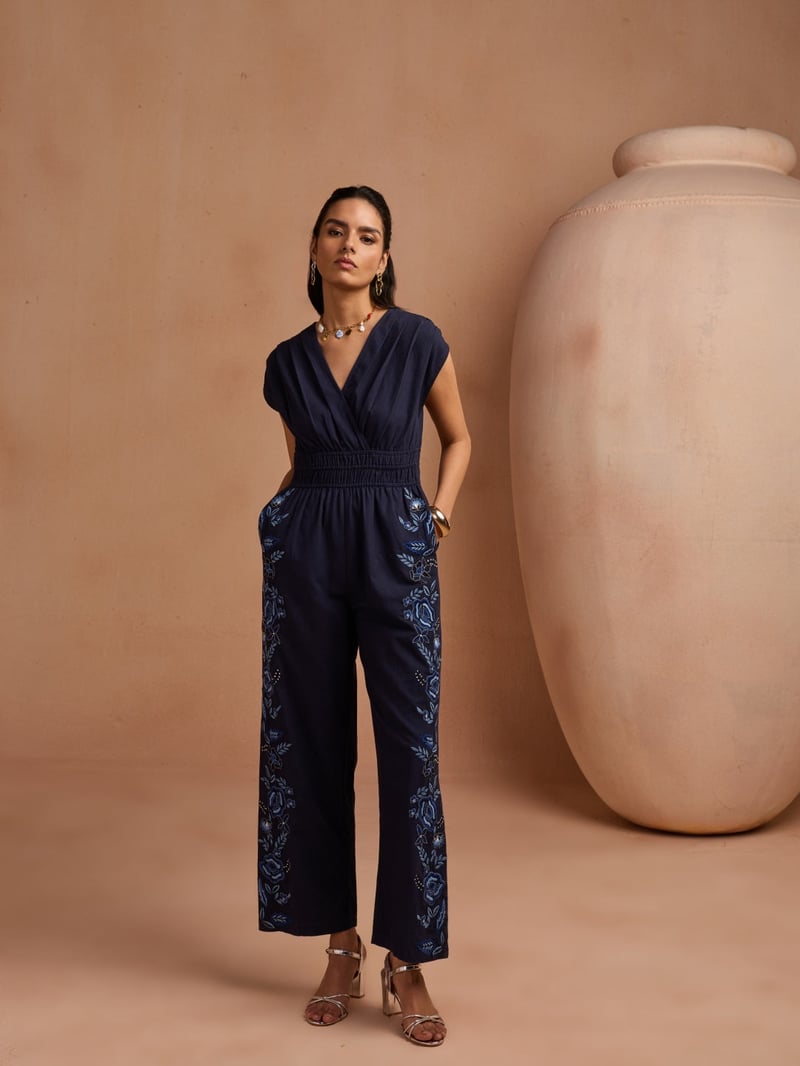 Blue V-Neck Smocked Waist Embroidered Jumpsuit