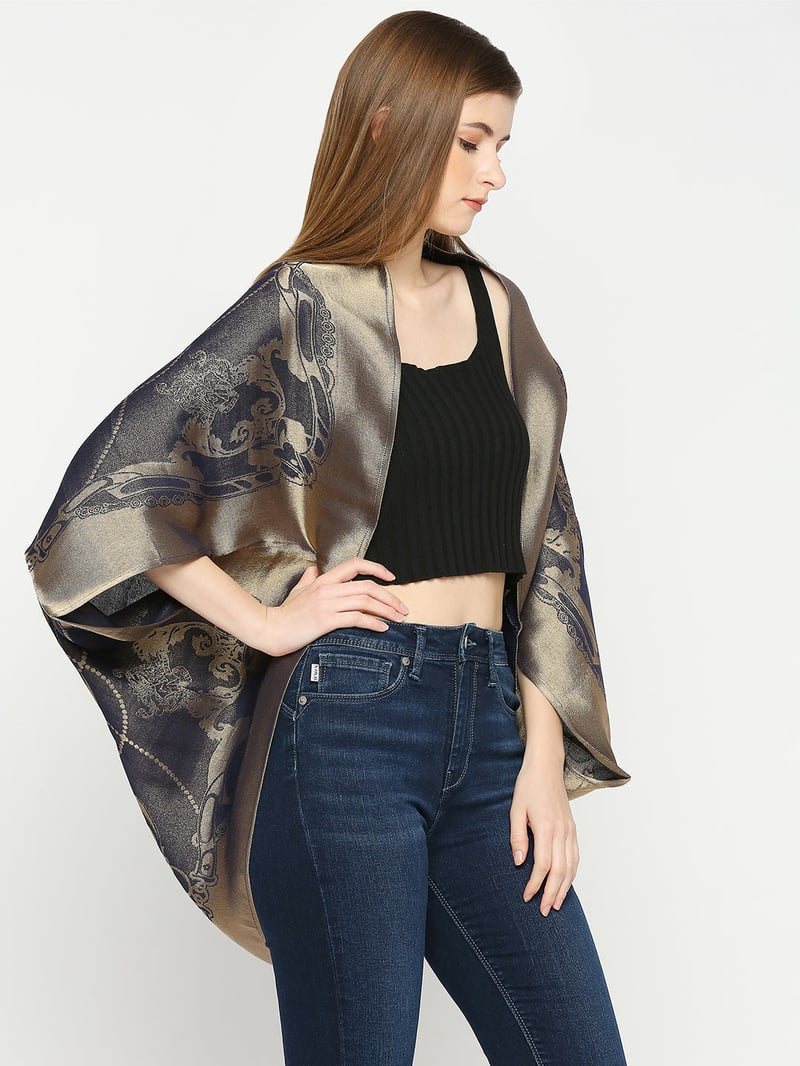Navy Blue Metallic Brocade Cocoon Shrug
