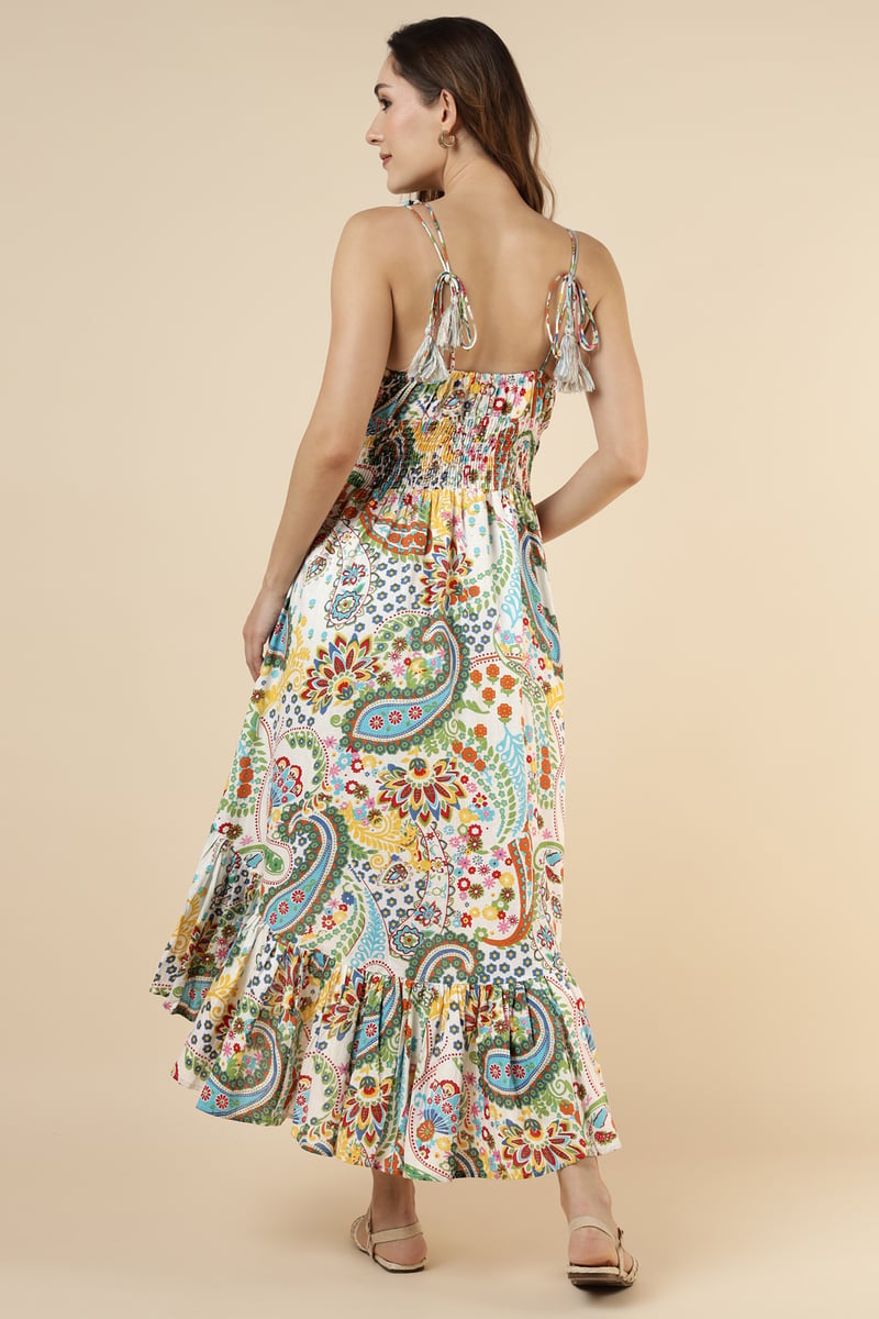 Multicolour Printed Tiered V-Neck Maxi Dress