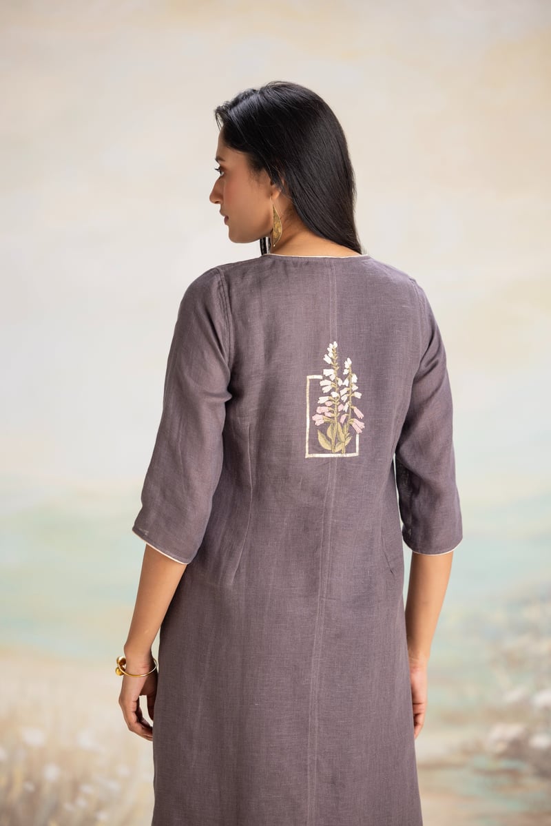 Iron Linen V-Neck Embroidered Fit and Flare Midi Dress