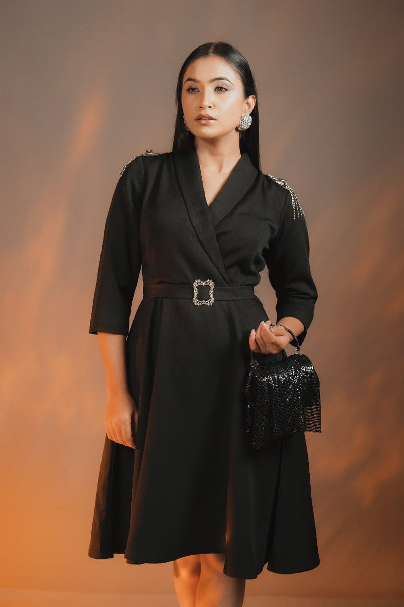 Black Fit and Flare Dress with Embellished Shoulders