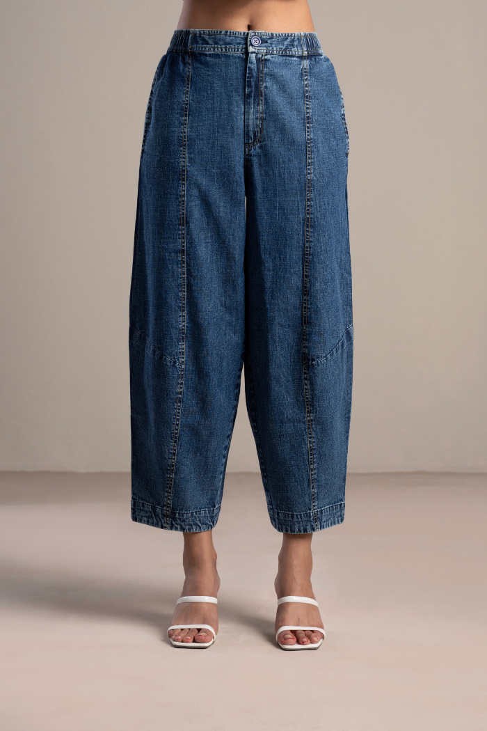Blue and White Shirt and Denim Barrel Pants Co-ord Set