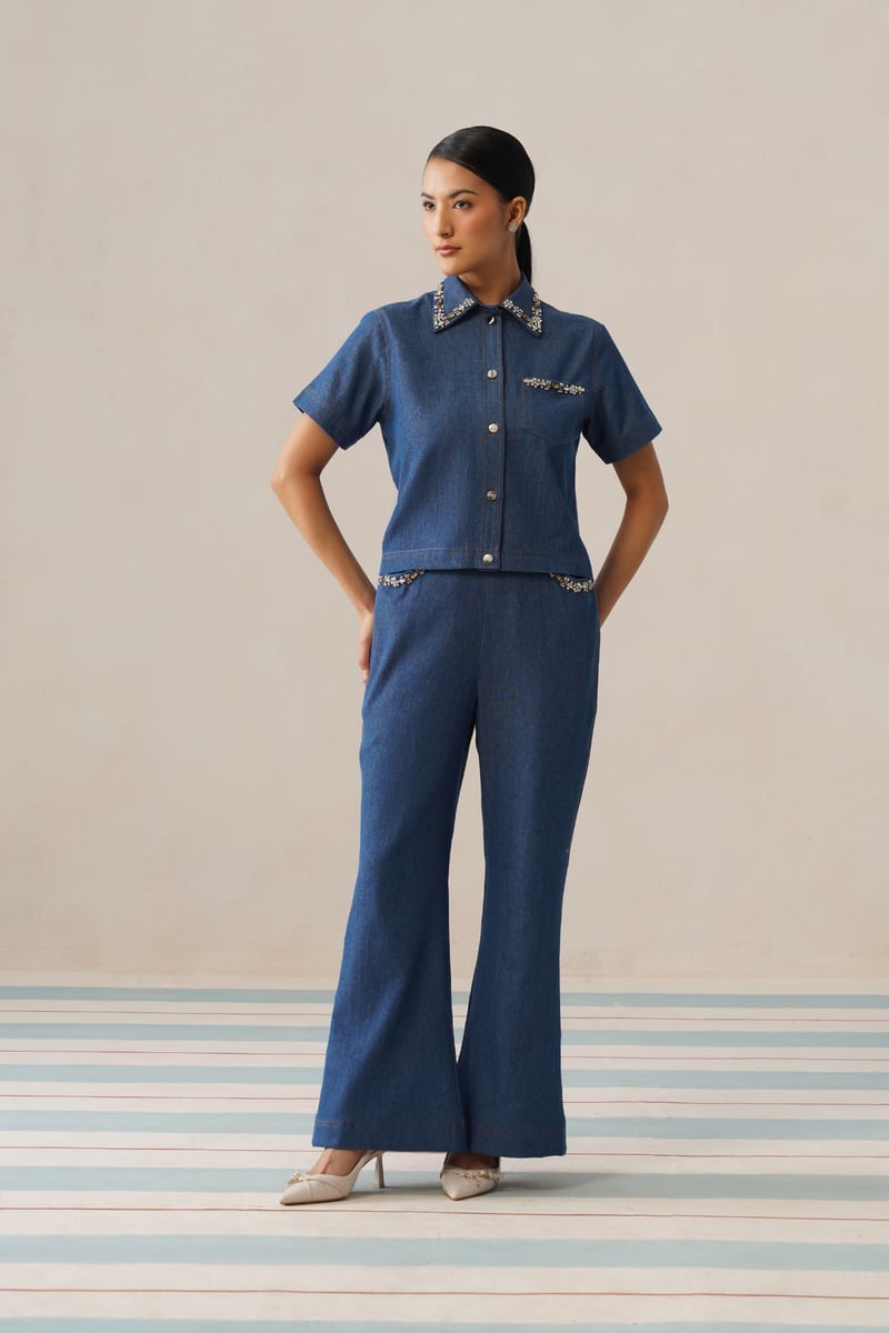 Blue Denim Embellished Collar Co-ord Set — Armoire