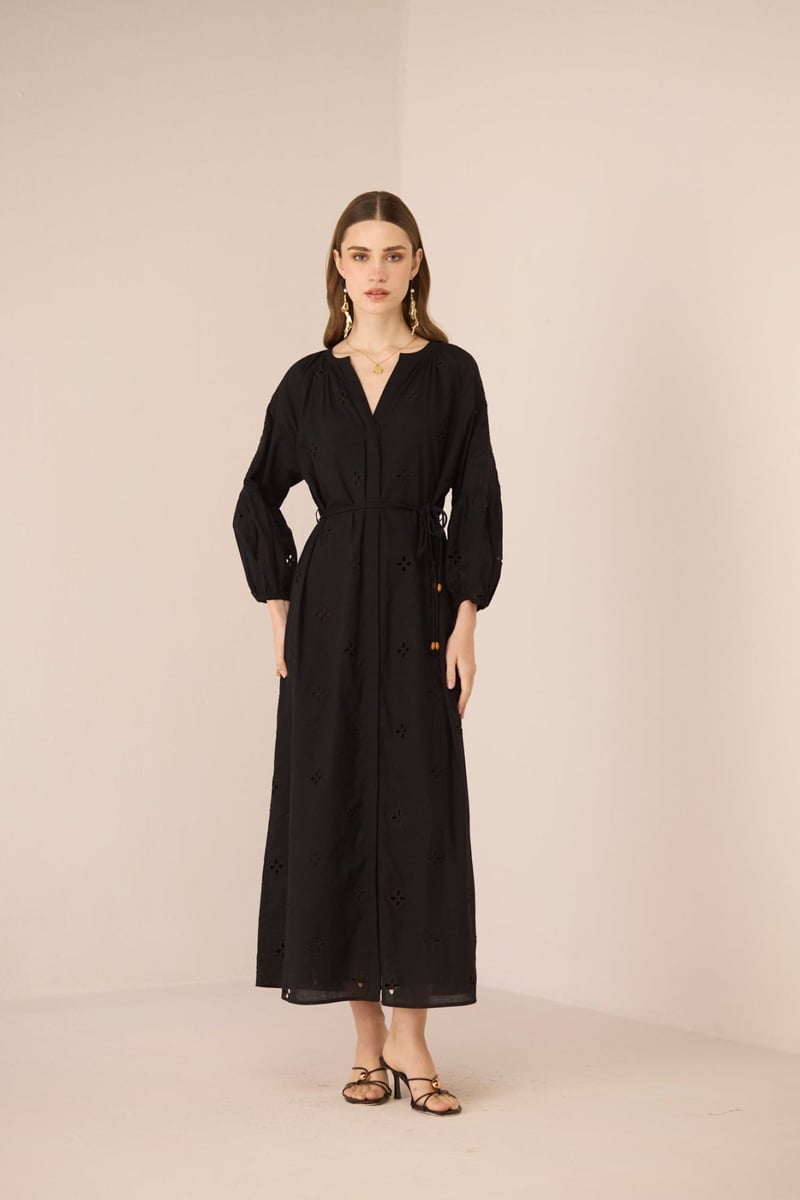 Black Cotton Broderie Maxi Dress with V-Neck and Waist Tie