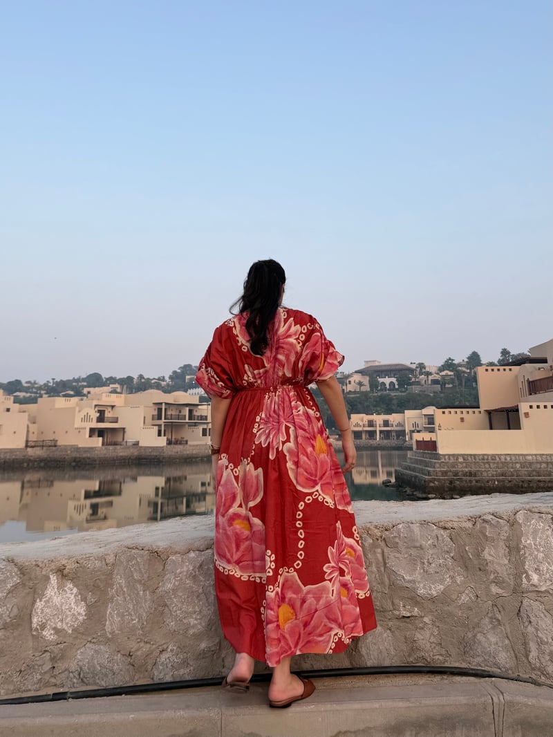 Red Pink Floral Printed Maxi Dress with Puff Sleeves