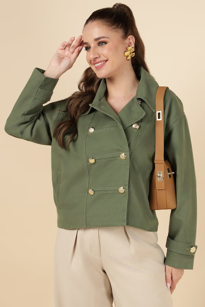Green Double-Breasted Tailored Jacket with Gold Buttons