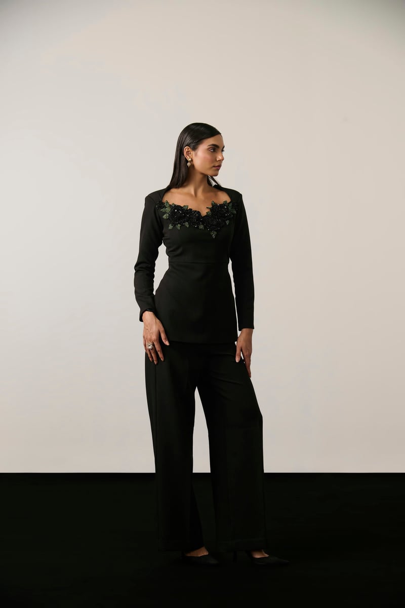 Black Embellished Peplum Top and Wide-Leg Co-ord Set