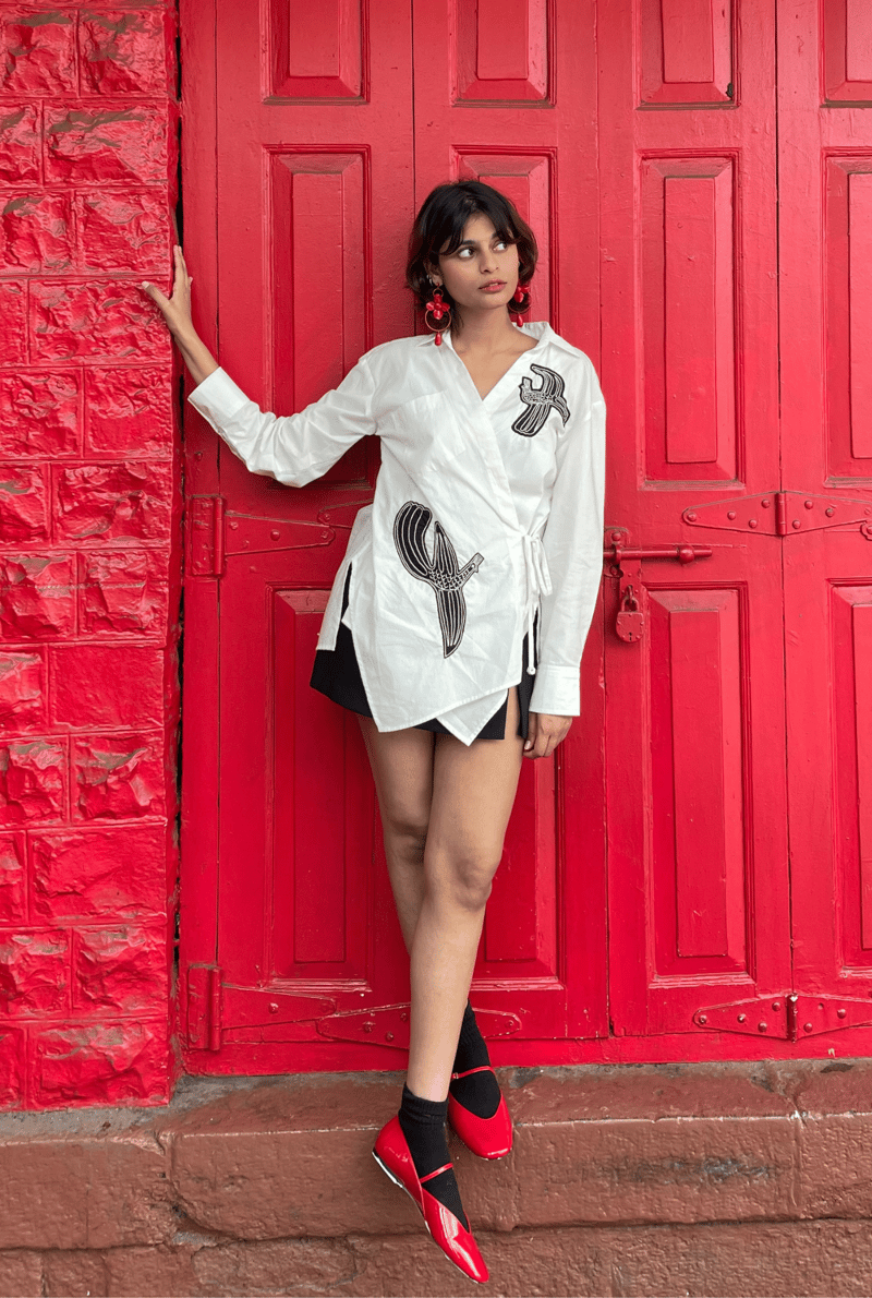 Off-White Cotton Poplin Wrap Shirt with Black Applique