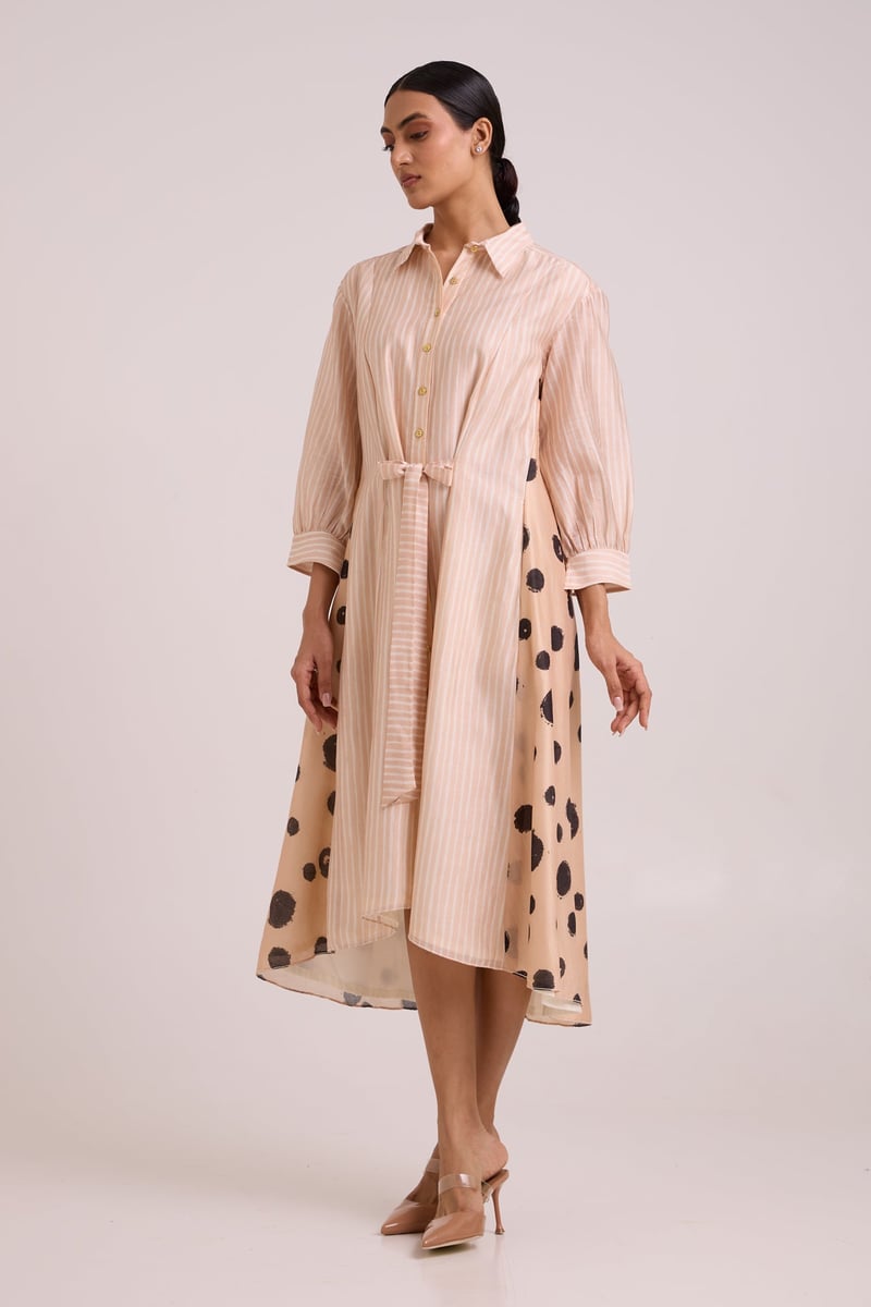 Almond Mixed-Print Midi Shirt Dress with Tie Belt