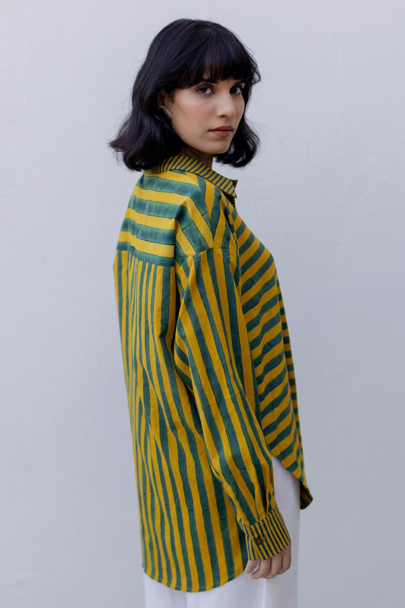Moss Green and Mustard Striped Relaxed Fit Shirt