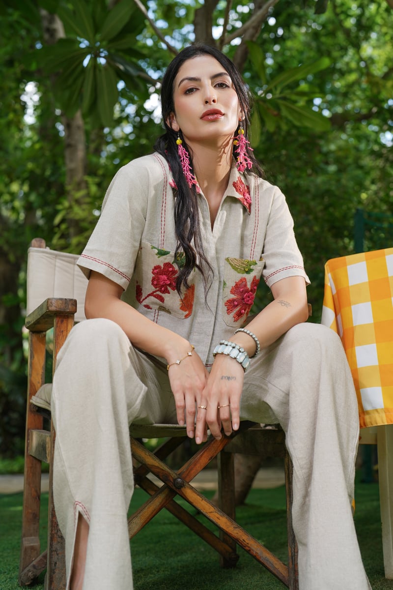 Natural Linen High-Rise Straight-Leg Trousers
