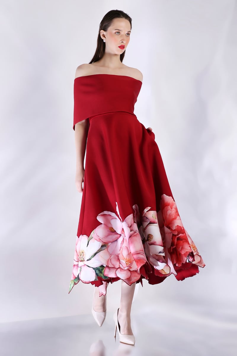 Deep Red Off-Shoulder Fit and Flare Midi Dress