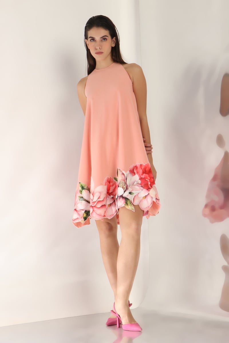 Peach High-Neck A-Line Mini Dress with Floral Hem — OZEQO