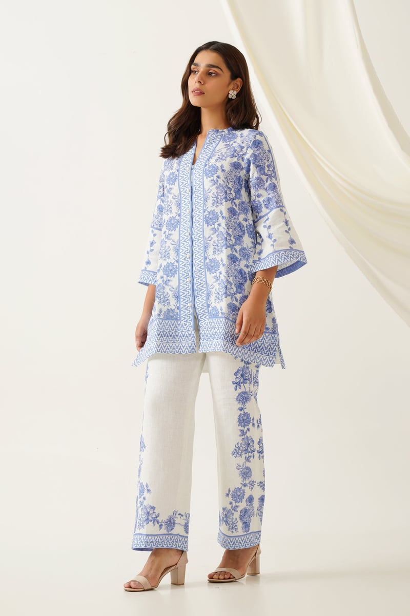 Blue and Cream Floral Printed Linen Co-ord Set