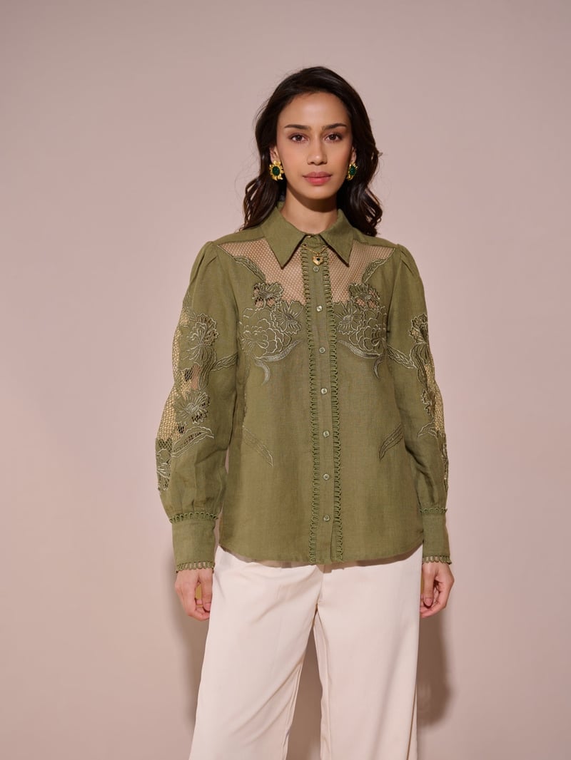 Green Linen Shirt with Sheer Lace Yoke and Sleeves