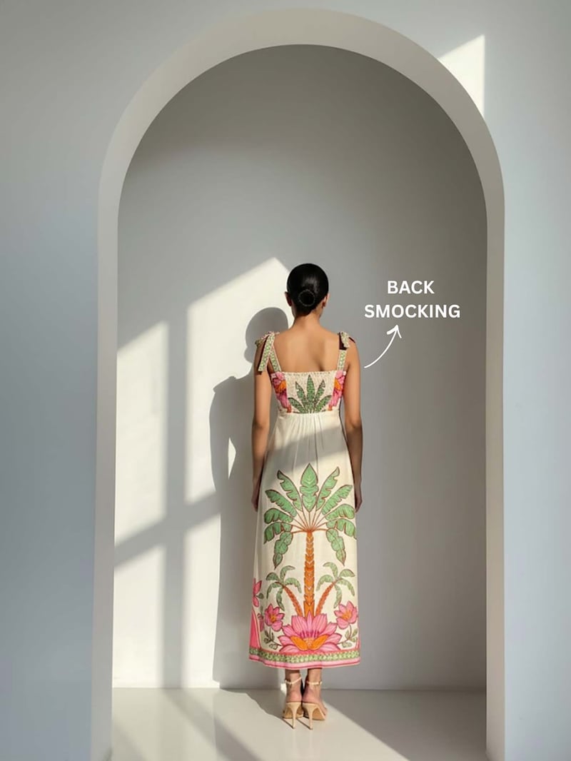 Cream Tropical Palm Print Tie-Strap Midi Dress