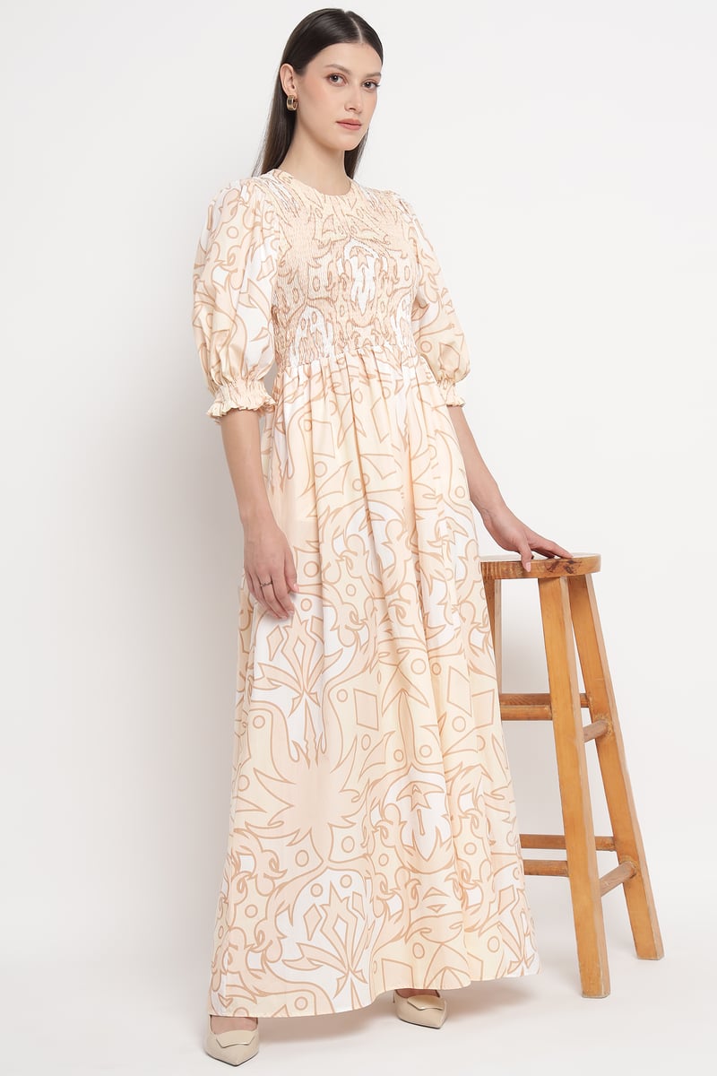 Palma Beig Abstract Print Smocked Maxi Dress