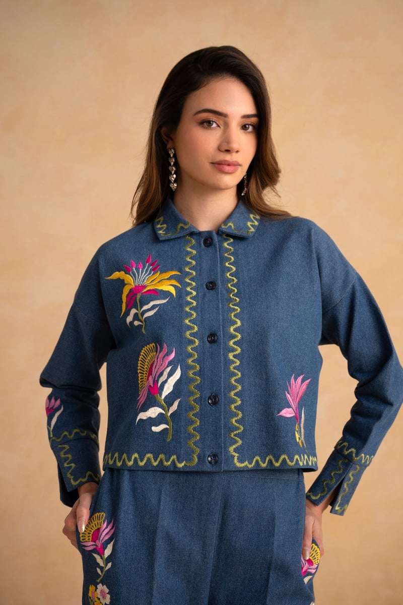 Indigo Blue Embroidered Denim Co-ord Set