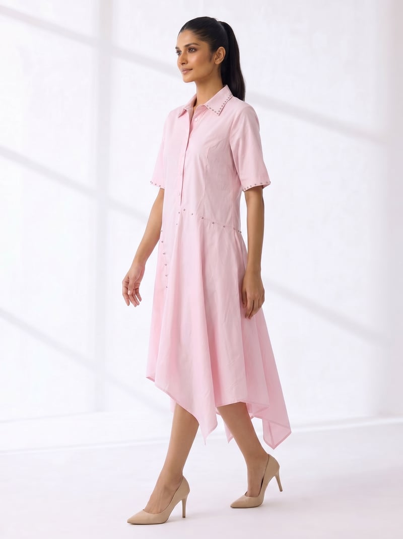 Baby Pink Cotton Midi Shirt Dress with Stud Details