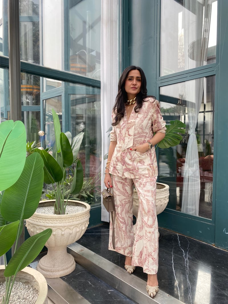 Pink/White Oversized Botanical Print Blazer with Tux Lapel