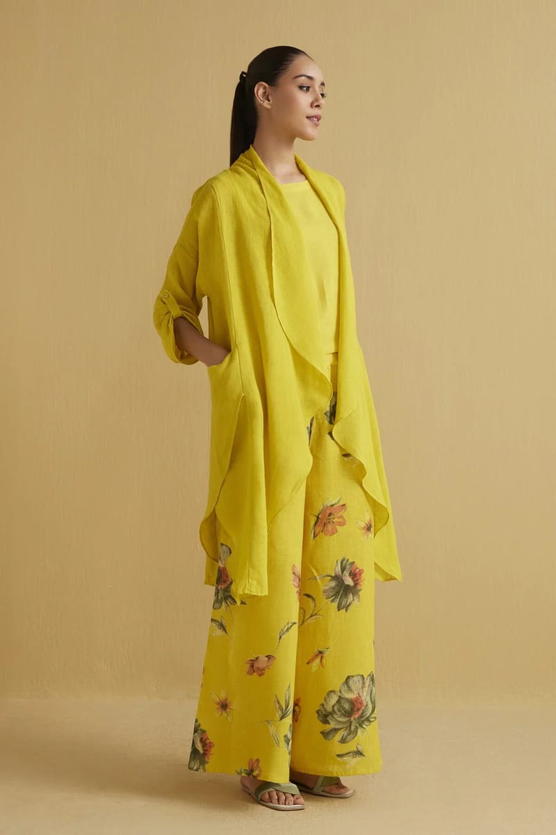 Yellow Linen Waterfall Cape with Pockets