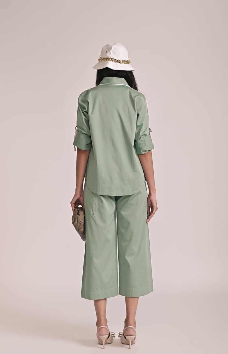 Orange Cotton Satin Shirt and Wide-Leg Pants Co-ord Set