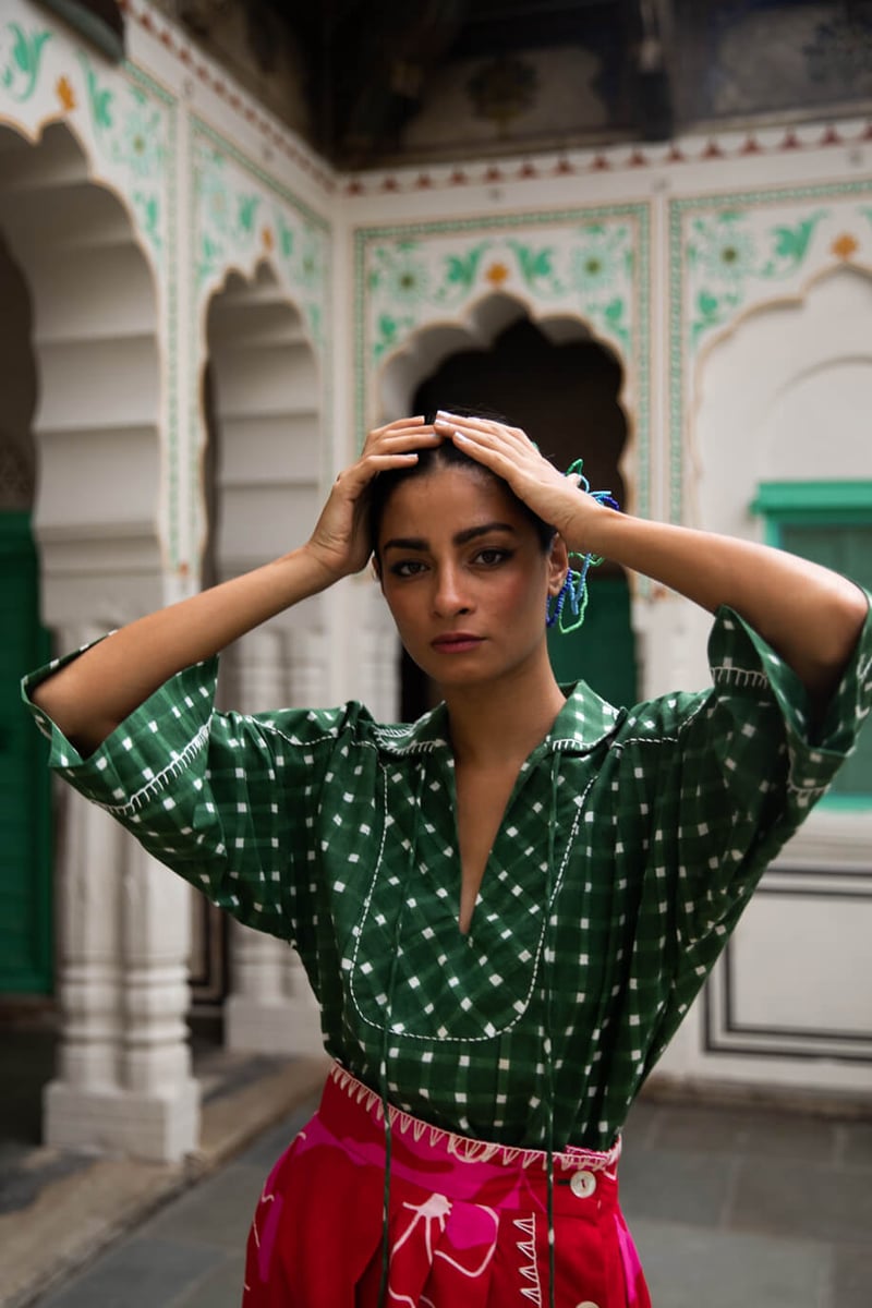Green Checked Cotton Blouse with Tie-Up Collar