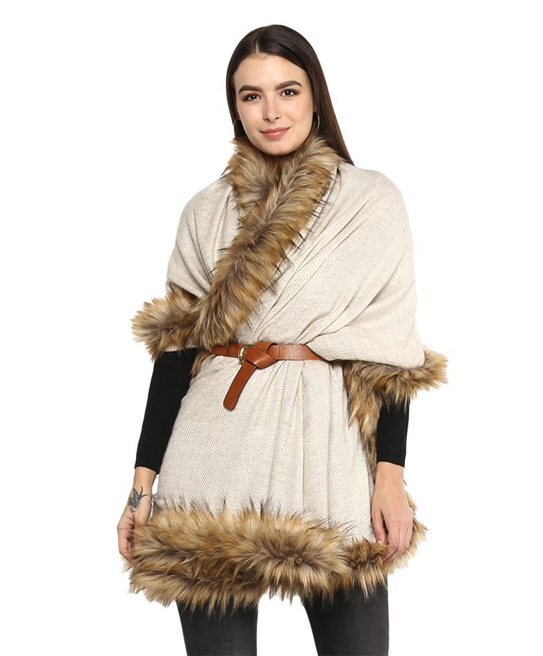 Beige Herringbone Wool-Blend Stole with Faux Fur Trim