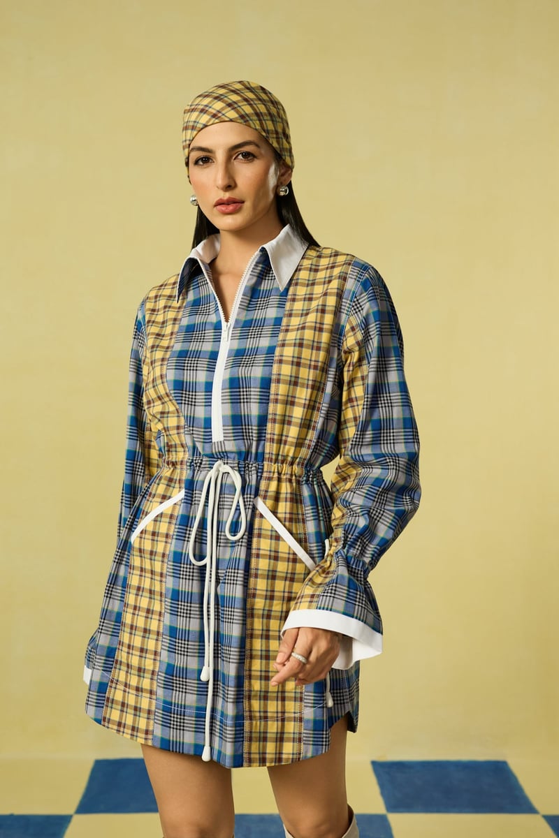 Yellow and Blue Checked Mini Shirt Dress with Half Zip