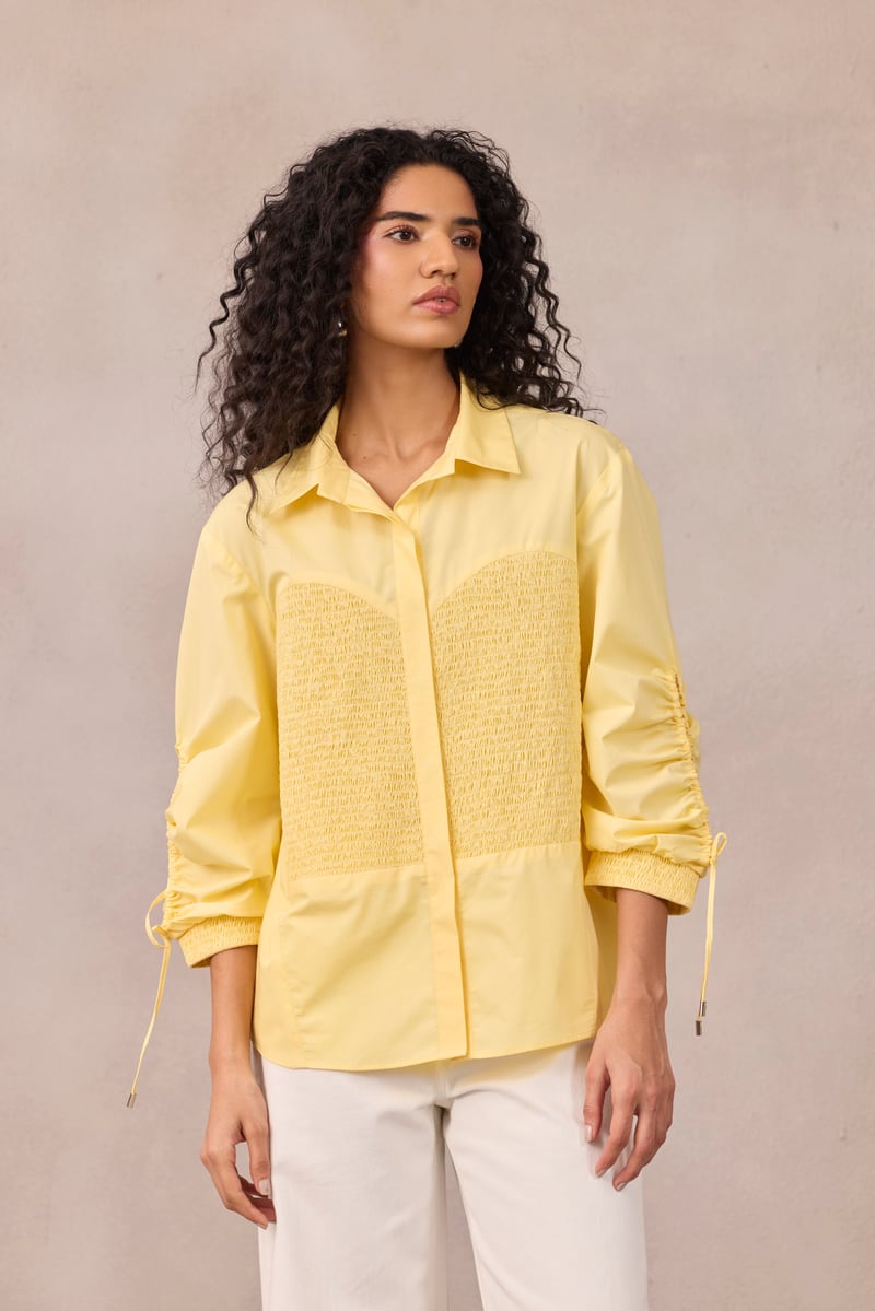 Lemon Sorbet Smocked Poplin Shirt with Ruched Sleeves