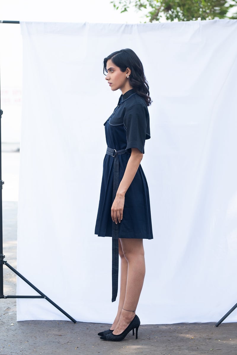 Navy Two-Tone Belted Mini Shirt Dress