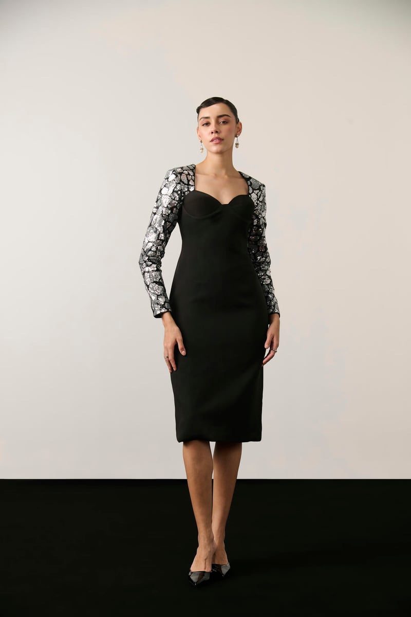 Black/Silver Sequin Sleeve Sweetheart Midi Sheath Dress