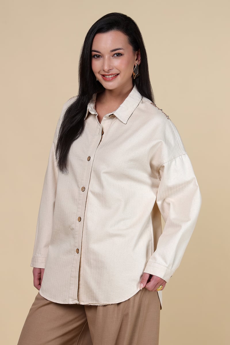 Beige Relaxed-Fit Button-Down Shirt with Back Motif