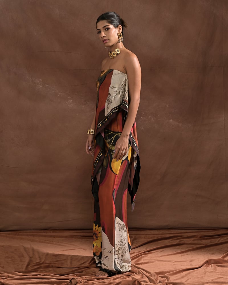 High-Waist Wide-Leg Multicolor Printed Satin Trousers