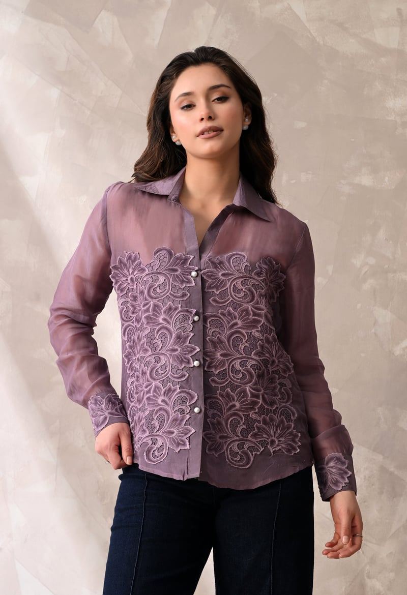 Mauve Sheer Button-Down Shirt with Tonal Floral Appliqué — ANYSA