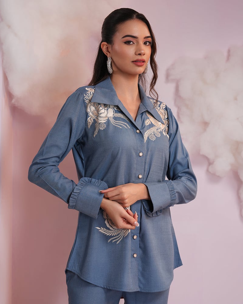 Denim Blue Embroidered Shirt and Wide-Leg Co-ord Set