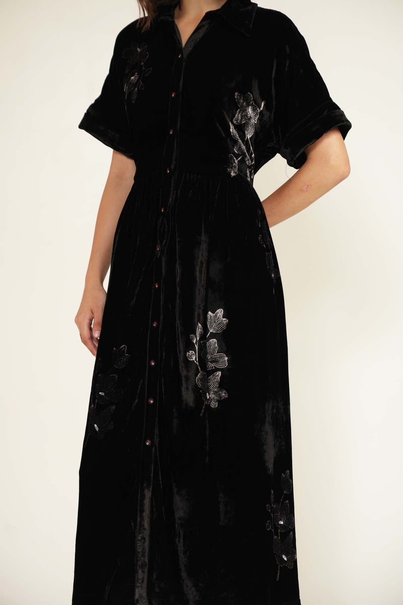 Black Silk Velvet Button-Front Midi Shirt Dress