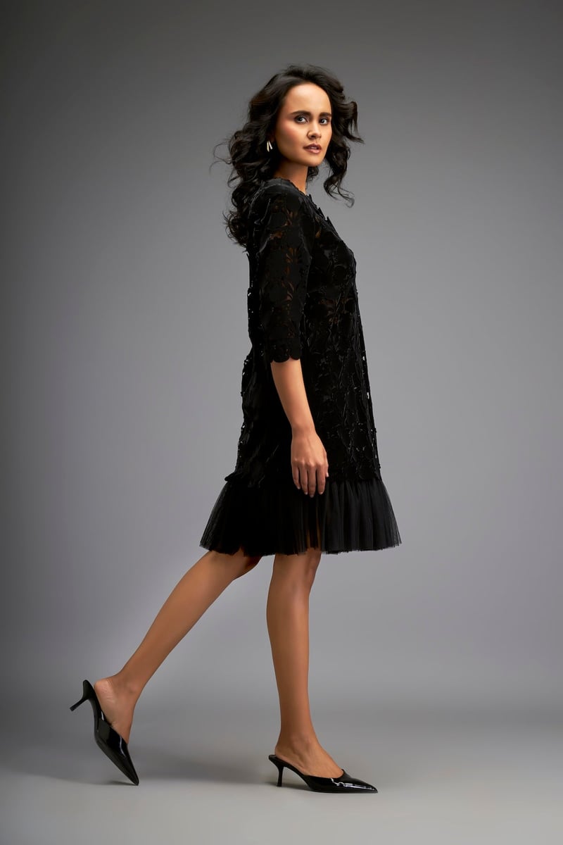 Black Cutwork Shift Dress with Sheer Net Hem