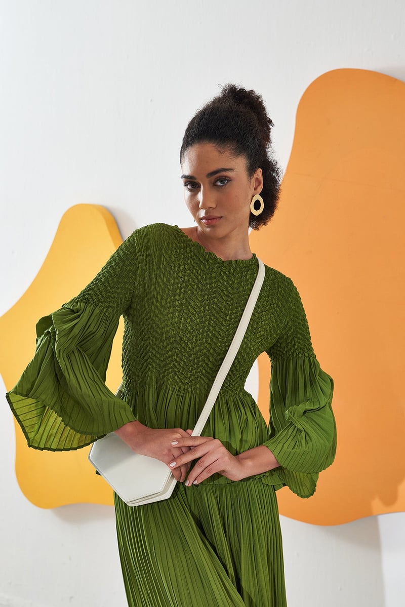 Lime Green Smocked Top and Pleated Skirt Co-ord Set