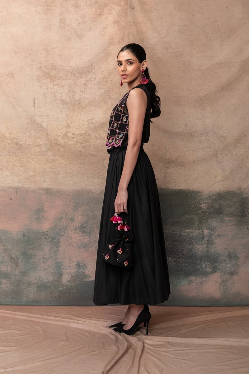 Black Embroidered Crop Top and Maxi Skirt Co-ord Set