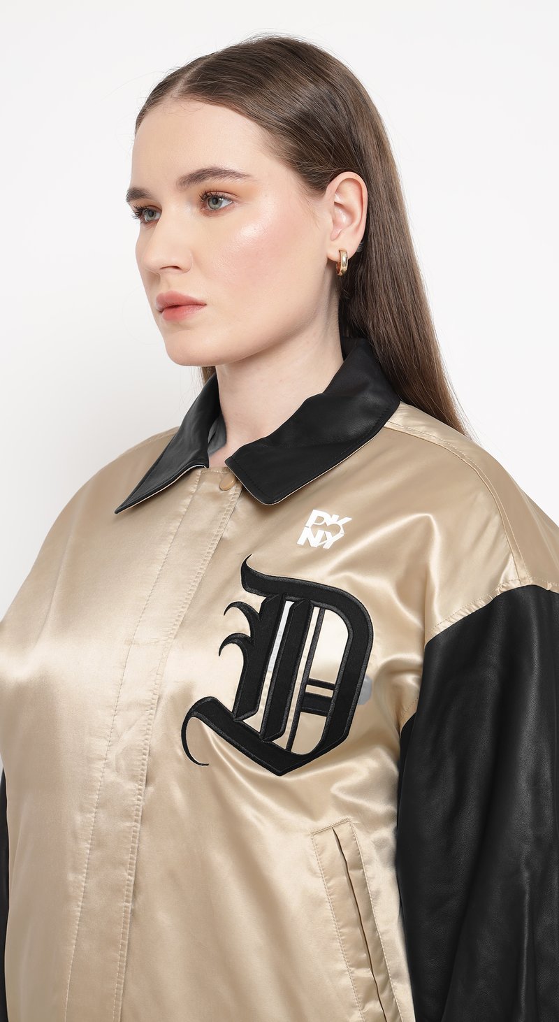 Beige and Black Colorblock Varsity Bomber Jacket