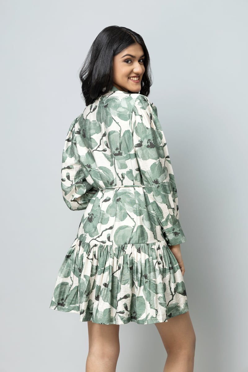 Sage Green Floral Fit and Flare Knee-Length Dress